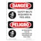 Signmission OSHA Danger, Belts Required In This Area Bilingual, 10in X 7in Decal, 7" W, 10" H, Bilingual Spanish OS-DS-D-710-VS-1553 - alternate 1